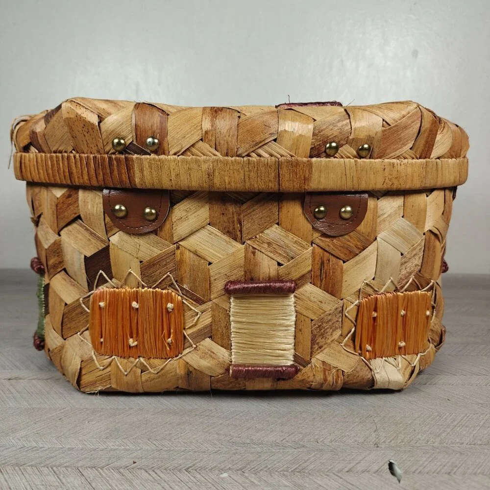 Vintage Handwoven Wicker Sewing Basket With Lid & Decorative Accents